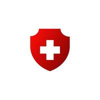 Red shield with cross icon. Providing first aid to patients and their protection symbol and development of vector medical