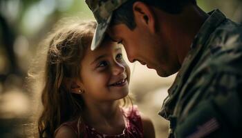 The affectionate reunion of a military father with his young daughter filled their family with joy as they came together, the bond between parent and child stronger than ever. Generative Ai photo