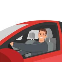 Young man driving the red car side view profile. Looking at viewer. vector