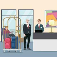 Man with suitcases is standing at reception desk. Check into hotel. Receptionist welcomes the guest. Hostel interior with administrator. Bellboy with cart Tourist with luggage in lobby. vector