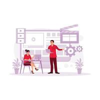 A female Video and Sound Editor Works With Her Male Colleague on a Project on Her Personal Computer. Video Editor concept. trend modern vector flat illustration