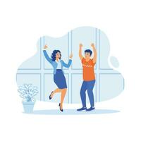 Happy and cheerful men and women celebrating promotion. A woman delivers happy news to a man. Celebration concept. trend modern vector flat illustration
