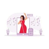 A cheerful young woman appears from a mobile phone screen, singing online using a microphone. Content Creator concept. Trend Modern vector flat illustration