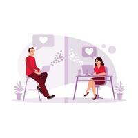 Young women and men dating online using computer laptops. Online Dating concept. Trend Modern vector flat illustration