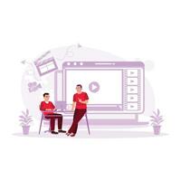 The male producer and his colleague work on the computer and editing video in the office. Video Editor concept. trend modern vector flat illustration