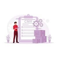 The warehouse manager checks the goods and signs the documents after the ordered goods arrive. Order Confirmation concept. Trend Modern vector flat illustration