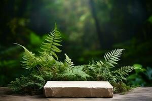 Products display podium with nature leaves background. Generative AI photo