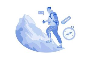 Man Character Hike High In Mountains In Winter vector