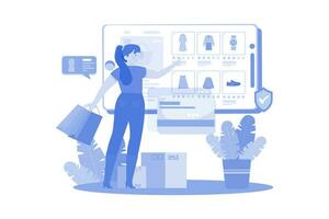 Shopaholic está haciendo compras en una tienda en línea. vector