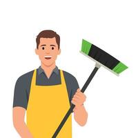 Man janitor uniform with broom in one hand. Cleaning worker. vector