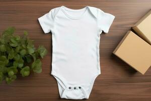 White baby short sleeve bodysuit for mock up on wooden background. AI generated photo