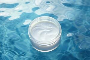 White blank cosmetic jar of cream on the water surface for mock up. AI generated photo