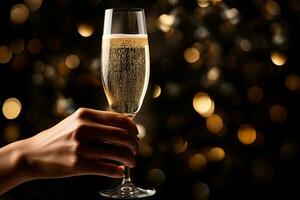 festive hand of woman with flutes of champagne on bokeh background. AI generated photo