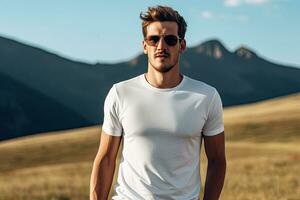 White blank t shirt mock up. Men mountains background. AI generated photo