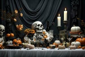 Halloween table setting with decorations, pumpkins, glasses and plates. Generative AI photo
