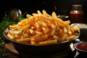 francés papas fritas en un cuenco en un de madera antecedentes. generativo ai foto