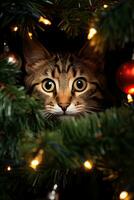 cat in decorated christmas tree. New year concept. Generative AI photo