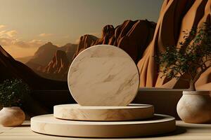 Empty circle stone stage podium, mountain nature background. Generative AI photo