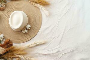 straw weaved hat with dry leaves and wild flowers. Bohemian background, boho flat lay composition. AI generated photo