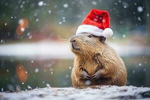 capybara wearing Santa hat on bokeh backdrop. AI generated photo