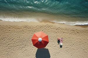Aerial view of sandy beach with umbrella and blue water. Generative AI photo