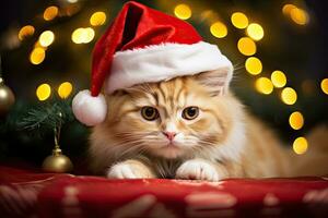 Cat wearing Santa hat on bokeh backdrop. AI generated photo