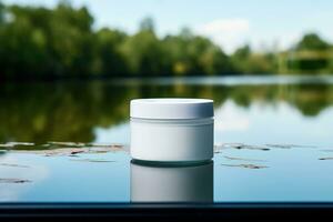 White blank cosmetic jar of cream in the nature for mock up. AI generated photo