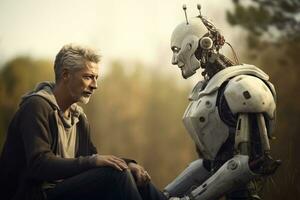 Man and robot outdoor. Friendly robot and human. Generative AI photo