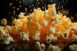 Flying caramelized popcorn with syrup on dark background. Generative AI photo