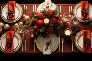 Christmas table setting with dishware, silverware and decorations on festive table. Top view. AI generated photo