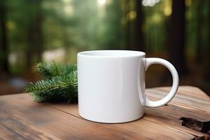 vacío blanco burlarse de arriba de blanco cerámico café jarra con abeto árbol rama en un bosque antecedentes. generativo ai foto