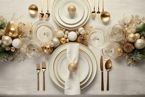 Christmas table setting with dishware, silverware and decorations on festive table. Top view. AI generated photo