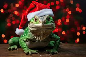 lagartija en Papa Noel sombrero y Navidad árbol con bokeh antecedentes. ai generado foto