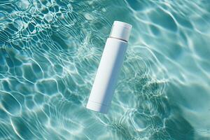 White blank cosmetic bottle tube mock up lies on the water surface. Generative AI photo