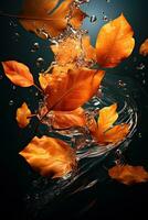 leaves autumn background swirl falling with water splashes. AI generated photo