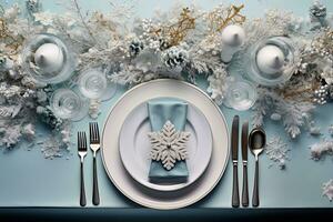 Christmas table setting with dishware, silverware and decorations on festive table. Top view. AI generated photo