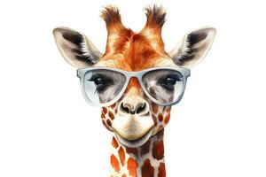 Portrait of cute watercolor giraffe with glasses. AI generated photo