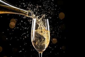 Pouring champagne from bottle into a glass with splashes on black background. AI generated photo