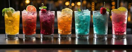 Assortment fresh rainbow cocktails on the bar counter. Generative AI photo