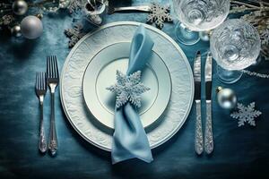 Christmas table setting with dishware, silverware and decorations on festive table. Top view. AI generated photo