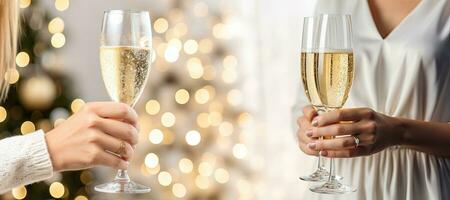 banner of festive hand of woman with flutes of champagne on bokeh background. AI generated photo