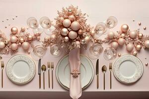 Christmas table setting with dishware, silverware and decorations on festive table. Top view. AI generated photo