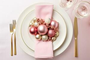 Christmas table setting with dishware, silverware and decorations on festive table. Top view. AI generated photo