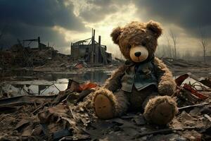 teddy bear sits on the ground on the ruined city background. Generative AI photo
