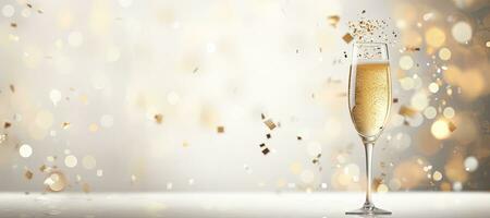 Light banner of festive glass of champagne on bokeh background. AI generated photo