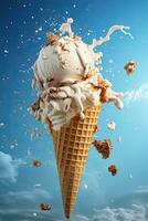 vanilla ice cream in cone with flying ingredients in the air on pastel background. AI generated photo