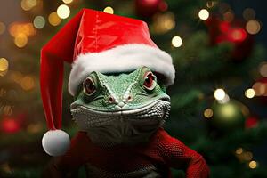 lagartija en Papa Noel sombrero y Navidad árbol con bokeh antecedentes. generativo ai foto