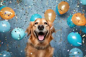 surprised dog on solid bright background with colorful balloons. Generative AI photo