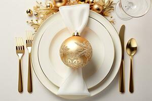 Christmas table setting with dishware, silverware and decorations on festive table. Top view. AI generated photo