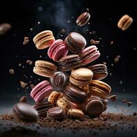 Chocolate macaroons levitates with cocoa powder. black background. Generative AI photo